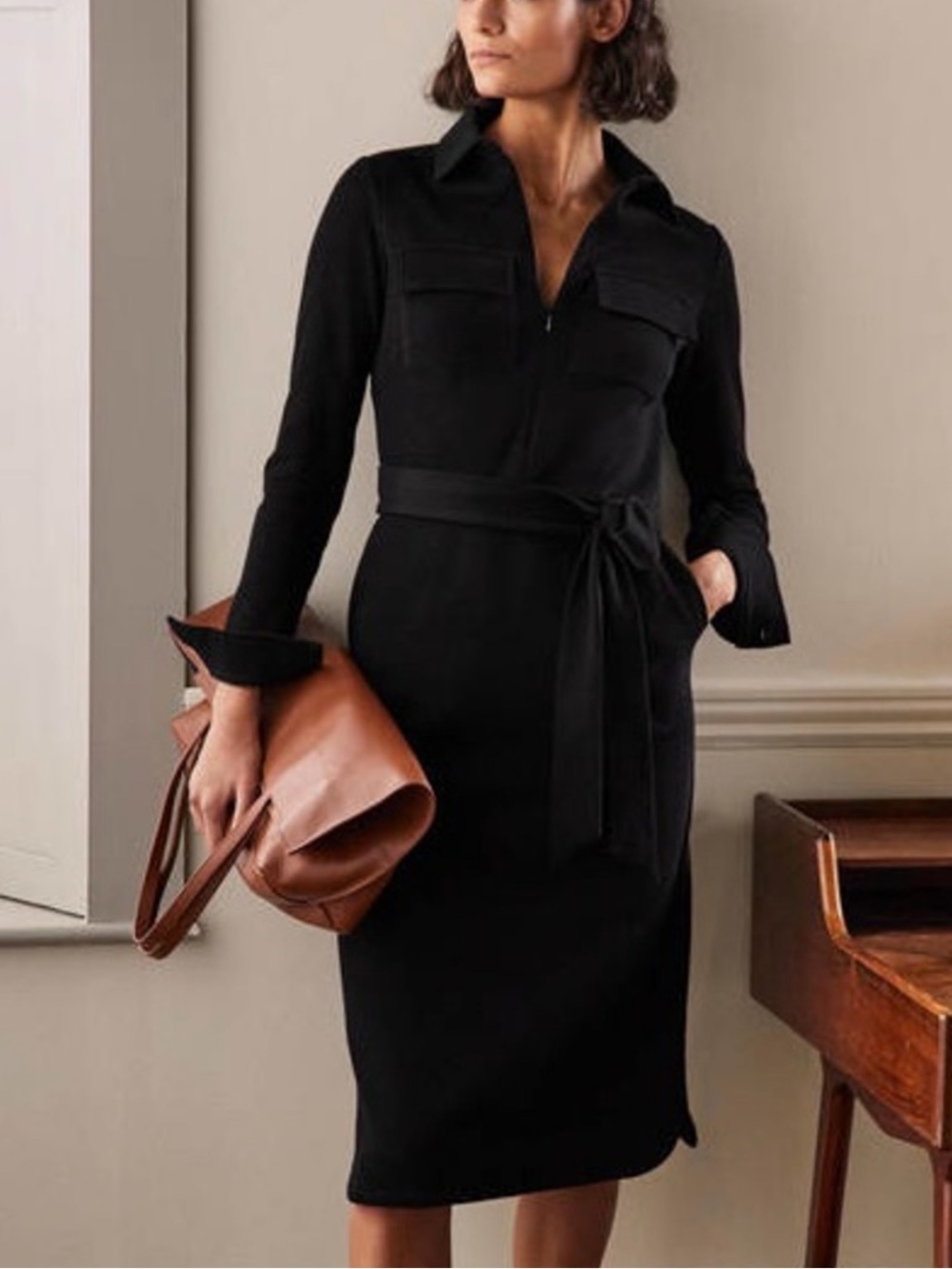 NWT Boden 4 Jersey Utility Front Zip Long Sleeve Shirt Black Dress Office Sz 12